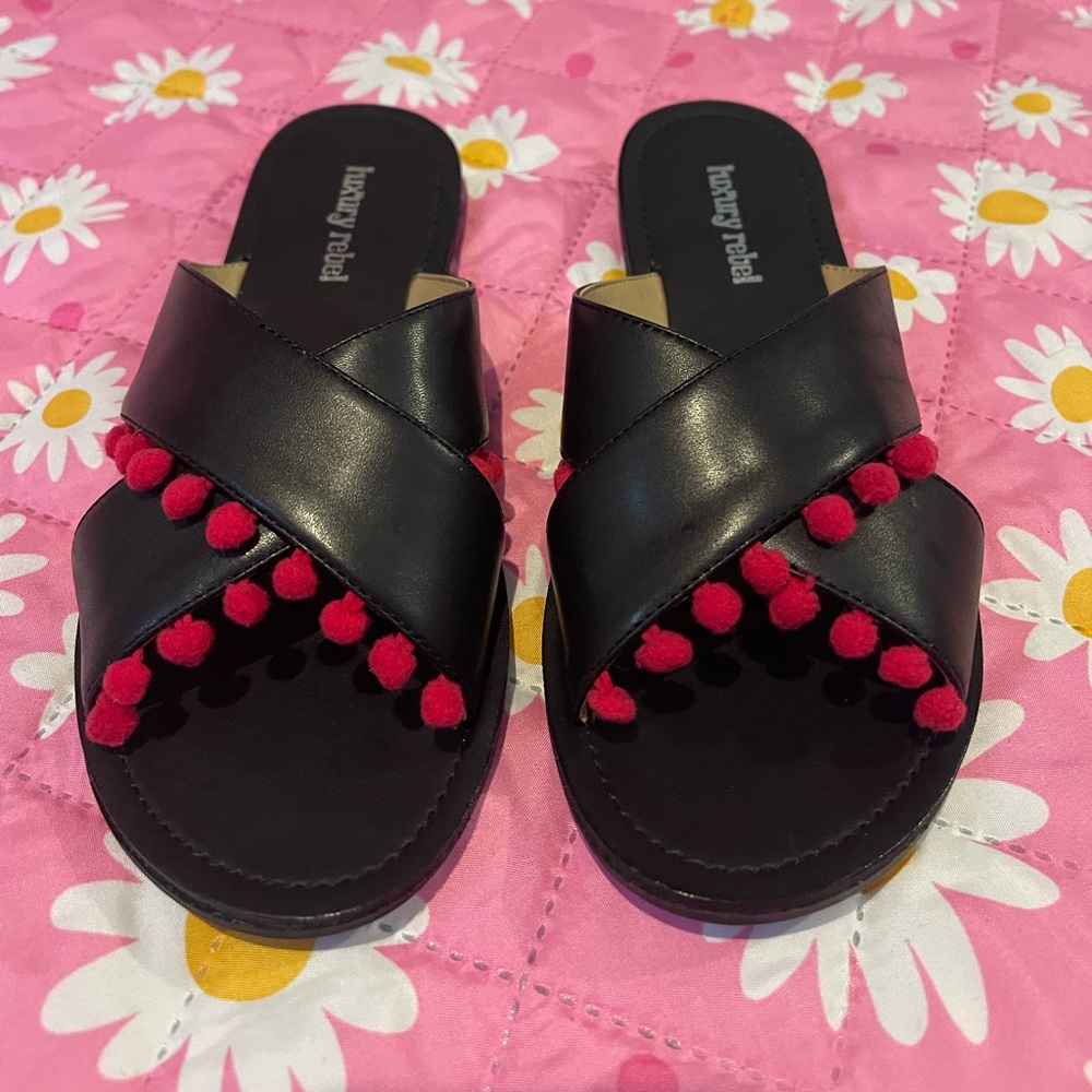 Luxury Rebel Black Pom Pom Sandals